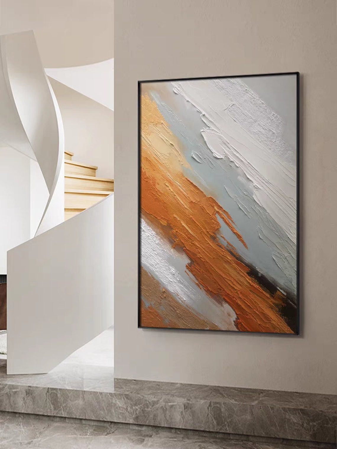 Burnt Orange and White Diagonal Impasto Modern Abstract Poster - Image 4