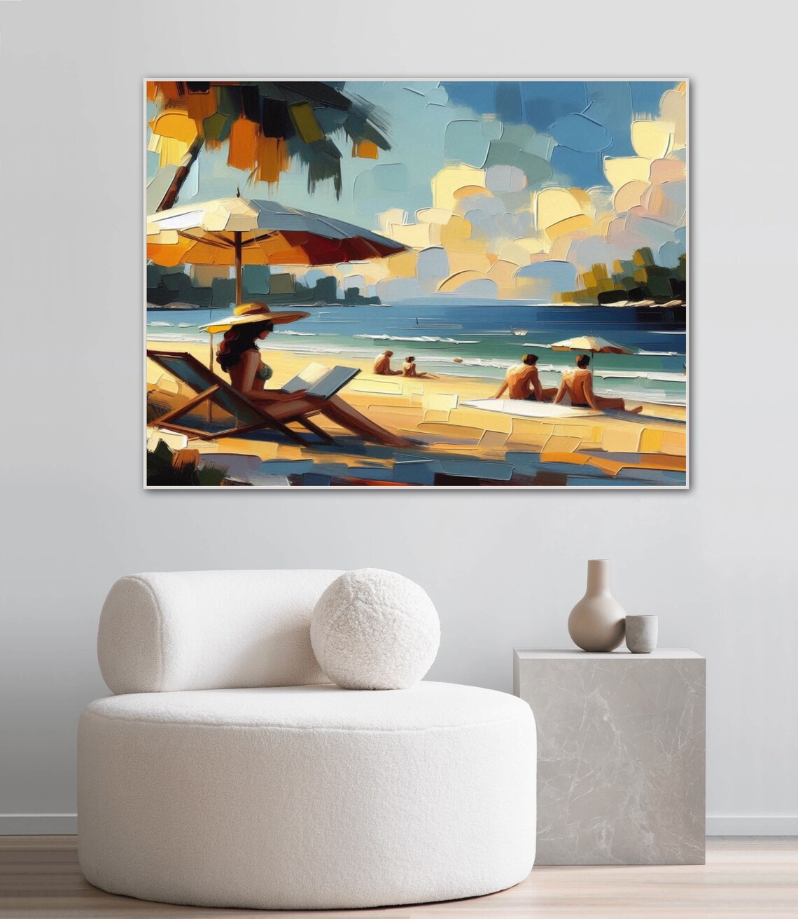 Bay Beach Reader With Sunhat Under Umbrella Impasto Art Poster - Image 4