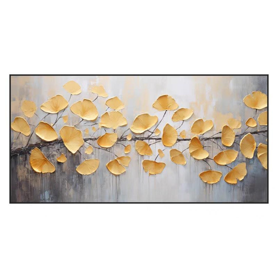 Golden Ginkgo Leaves Branch Textured Horizontal Floral Tree Poster - Image 2