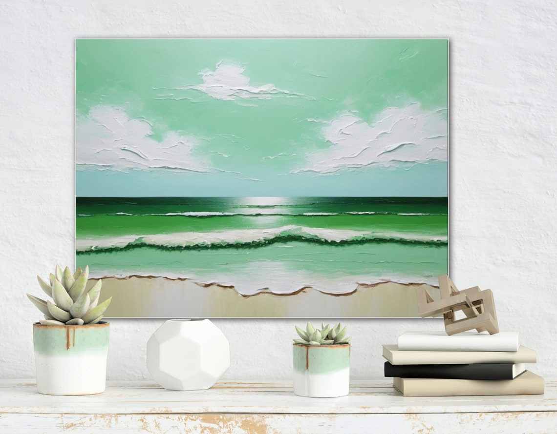 Mint Green Beach Seascape With White Clouds Wide Panoramic Poster - Image 3