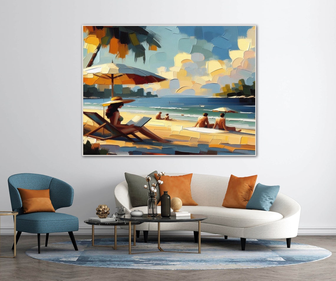 Bay Beach Reader With Sunhat Under Umbrella Impasto Art Poster - Image 2