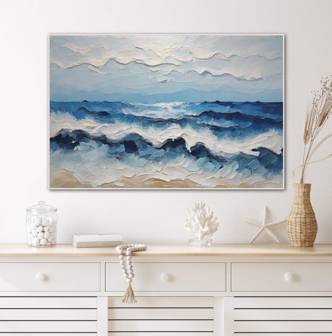 Thick Textured Blue Ocean Waves Abstract Palette Knife Poster - Image 3