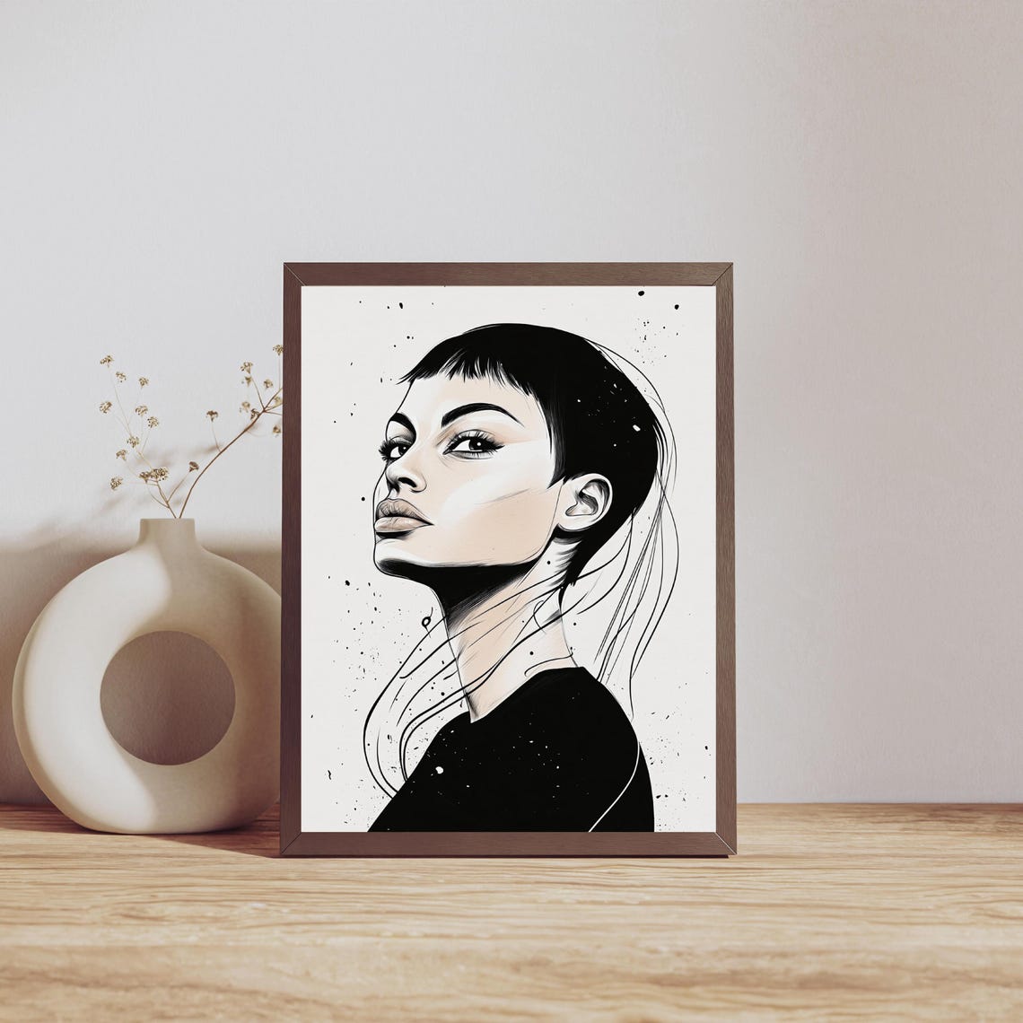 Black White Woman With Flowing Hair Silhouette Sketch Ink Splatters Abstract Minimalist Art For Modern Interior Wall Decor - Image 3