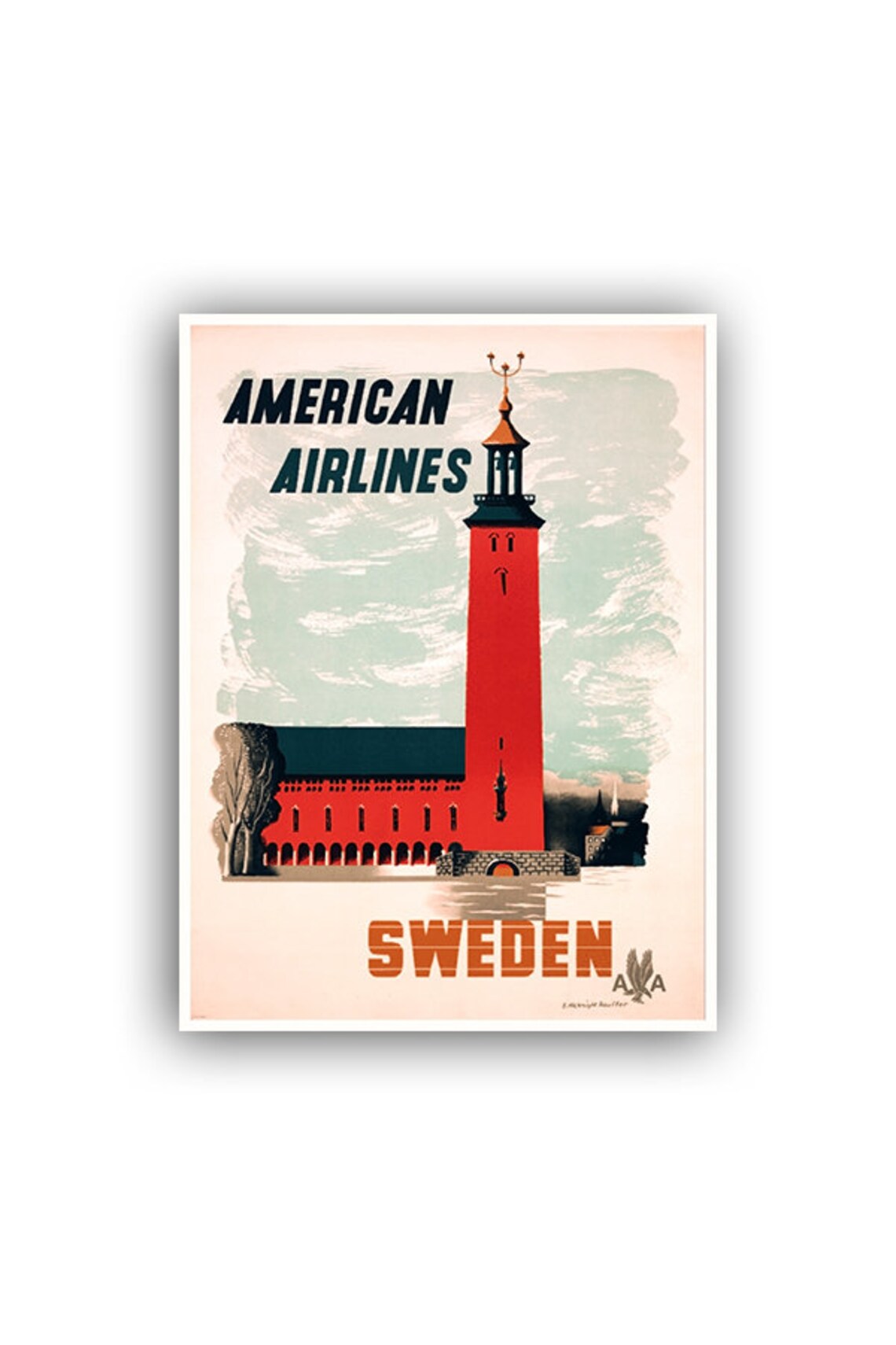 Sweden Stockholm City Hall American Airlines Vintage Travel Poster