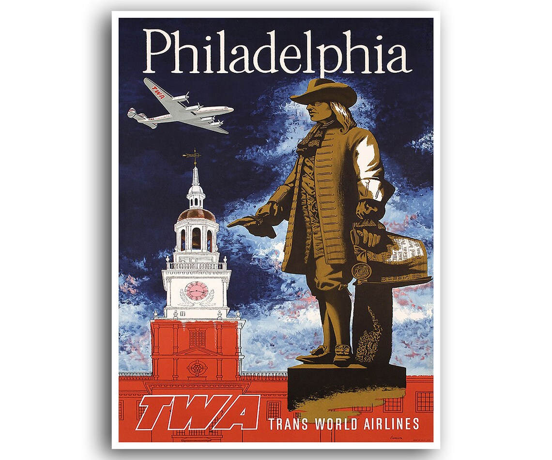 Philadelphia TWA Airline Poster William Penn Independence Hall Retro