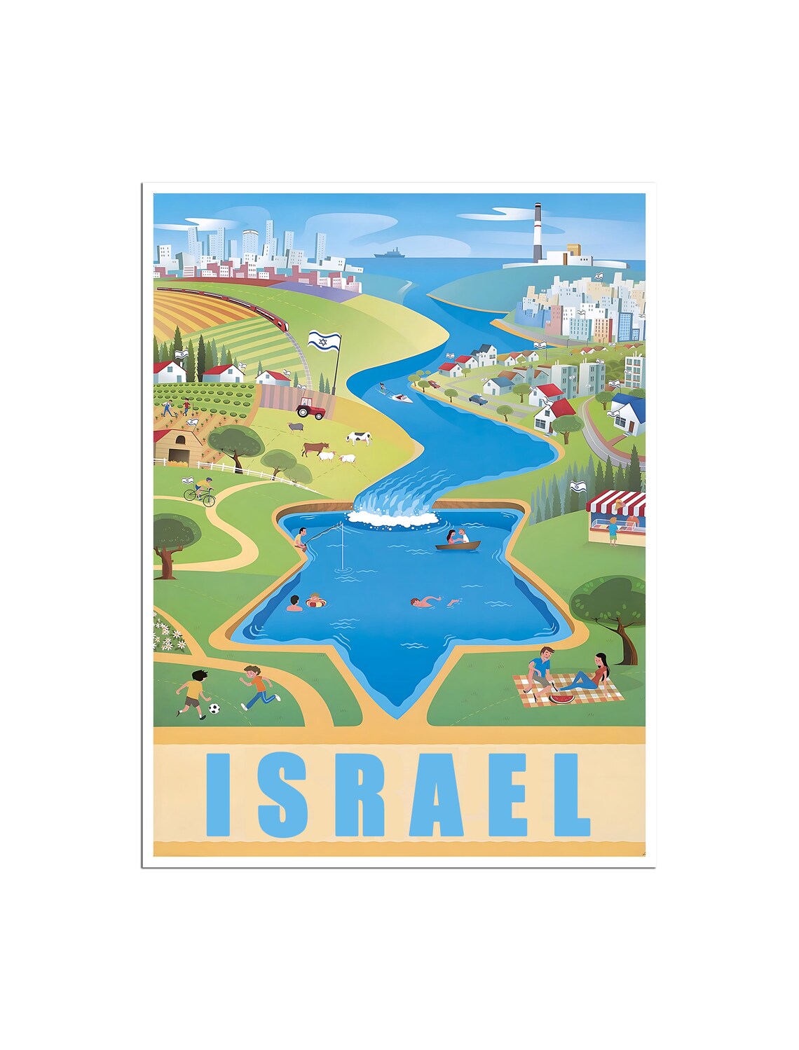 Israel Vintage Star of David Lake City Panorama Travel Poster