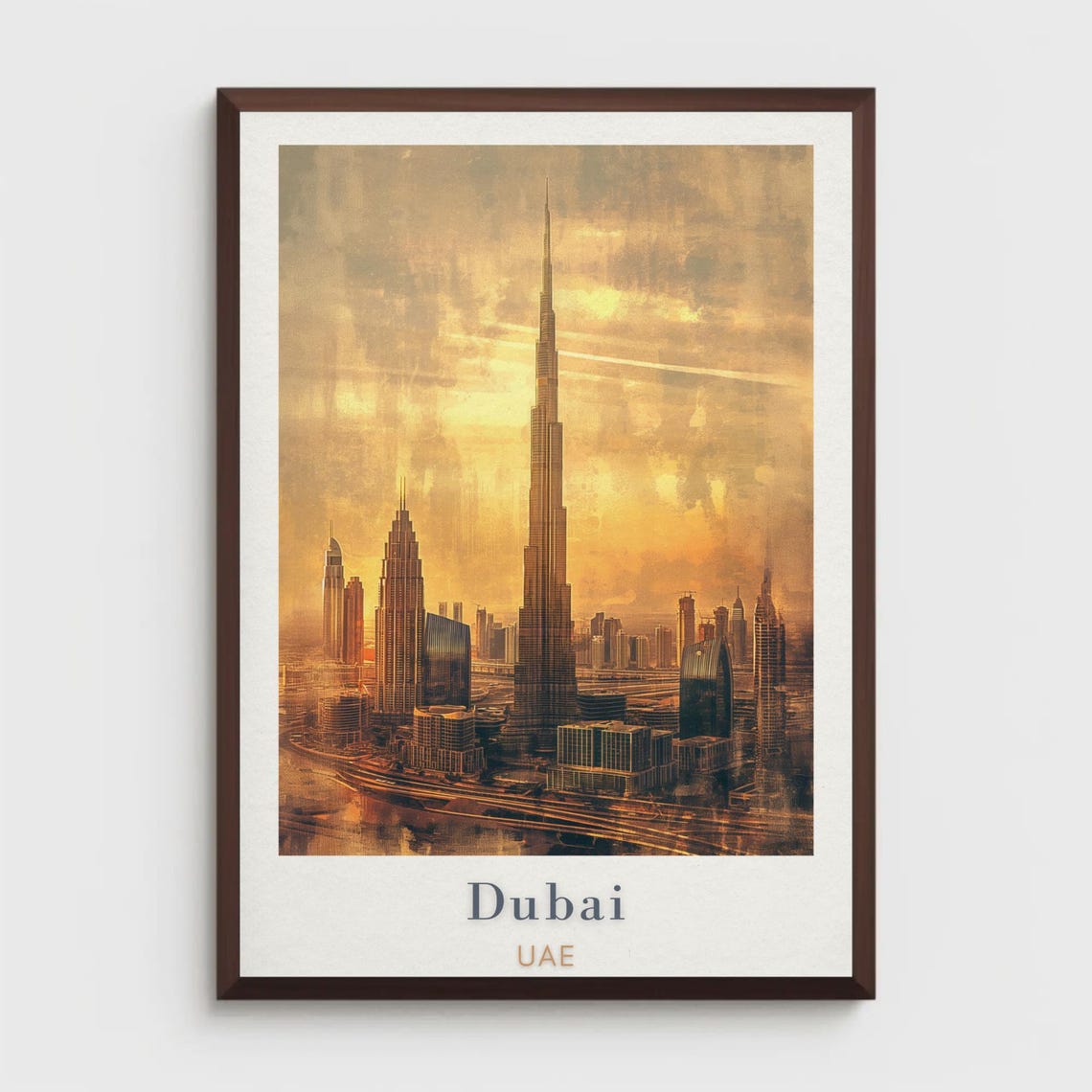 Modern Sunset Dubai UAE Burj Khalifa Golden Skyline Travel Poster