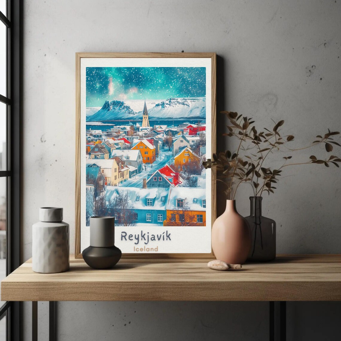 Colorful Aurora Sky Reykjavik Hallgrimskirkja Iceland Travel Poster