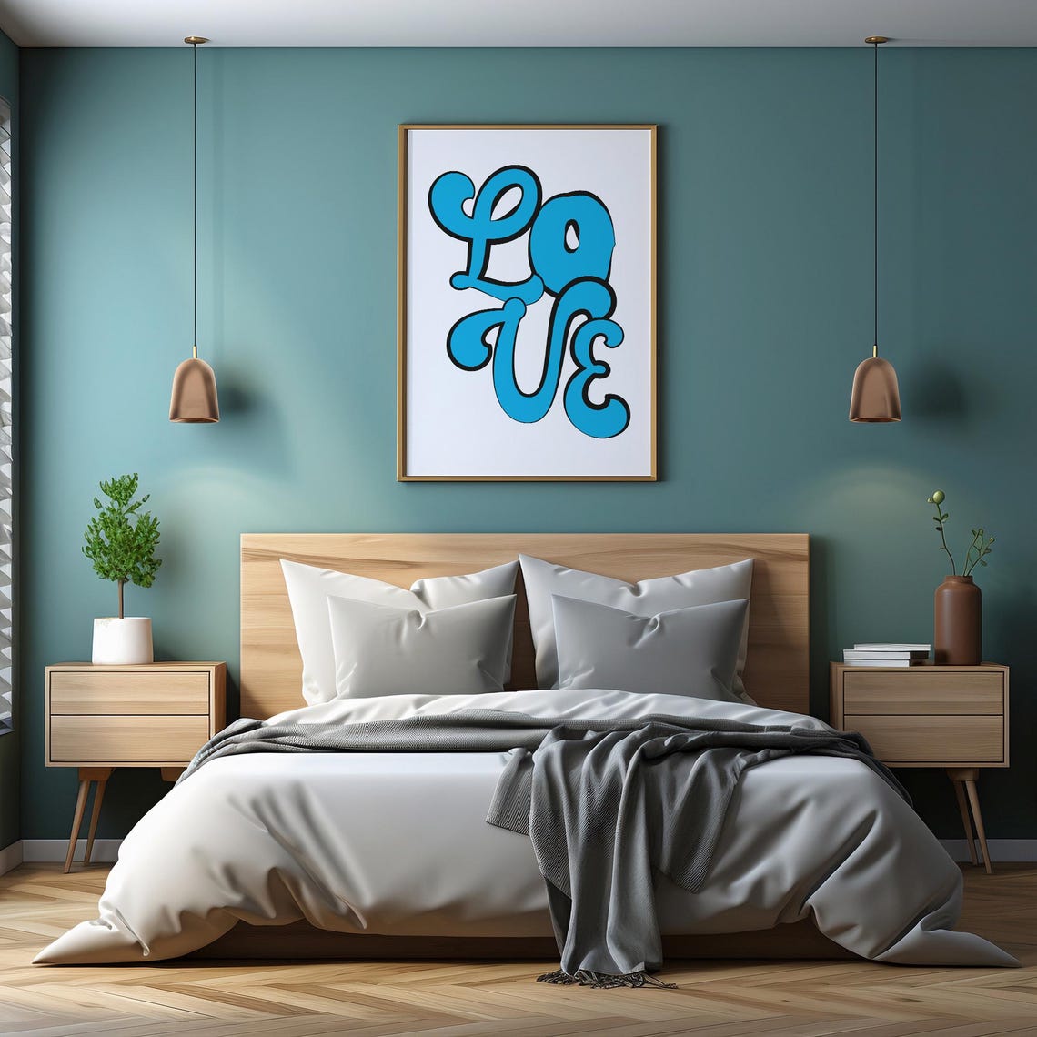 Love Blue Groovy Bubble Letter Retro Typography Wall Decor Poster - Image 2