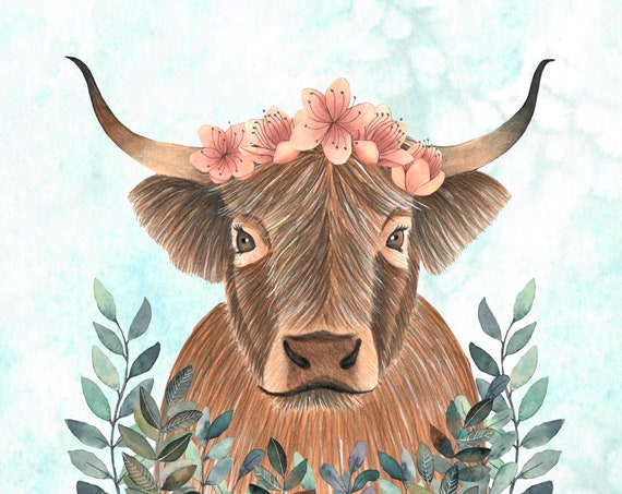 Highland Cow Print For Nursery Wall Art Colorful Cattle Kids Girl Floral Prints Baby