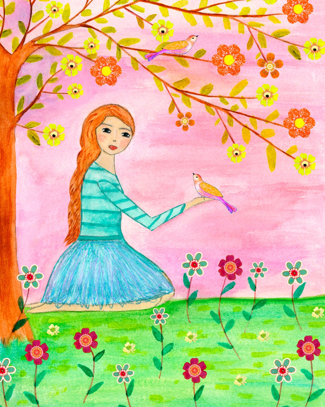 Girl Nursery Decor Children Decor Nursery Art Girl With Birds Art Print Girl Painting Girl Art Princess Art Print