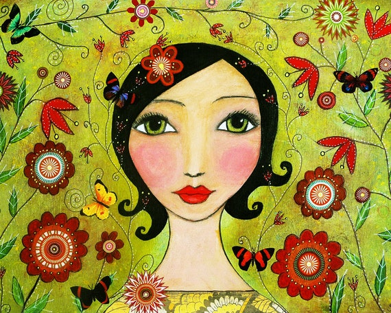Portrait Art Print Large Poster Print Mixed Media Portrait Of Girl With Butterflies And Flowers