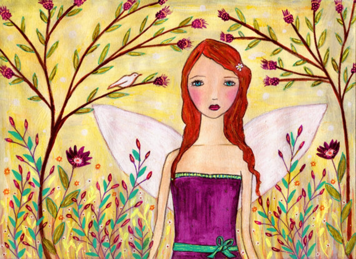 Redhead Fairy with White Wings in a Sunny Blossom Garden Poster