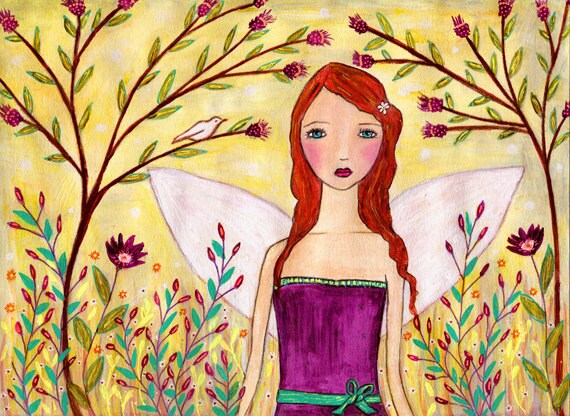 Redhead Fairy with White Wings in a Sunny Blossom Garden Poster