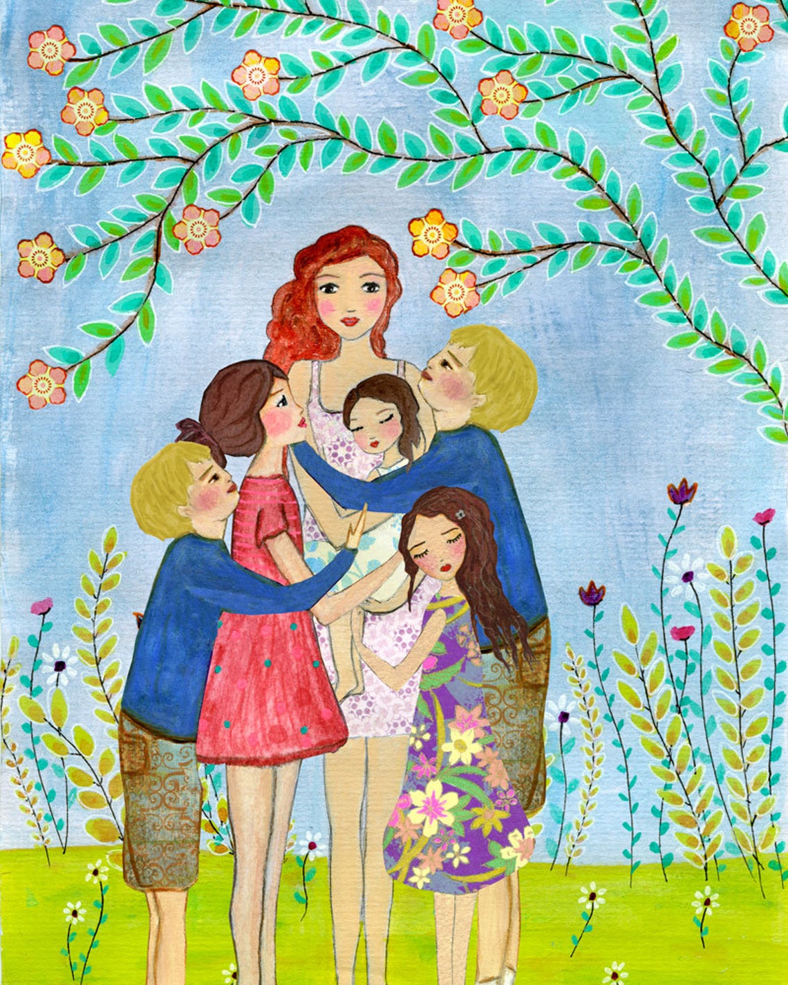 Mother with Five Children Group Hug under Blossoms Art Poster