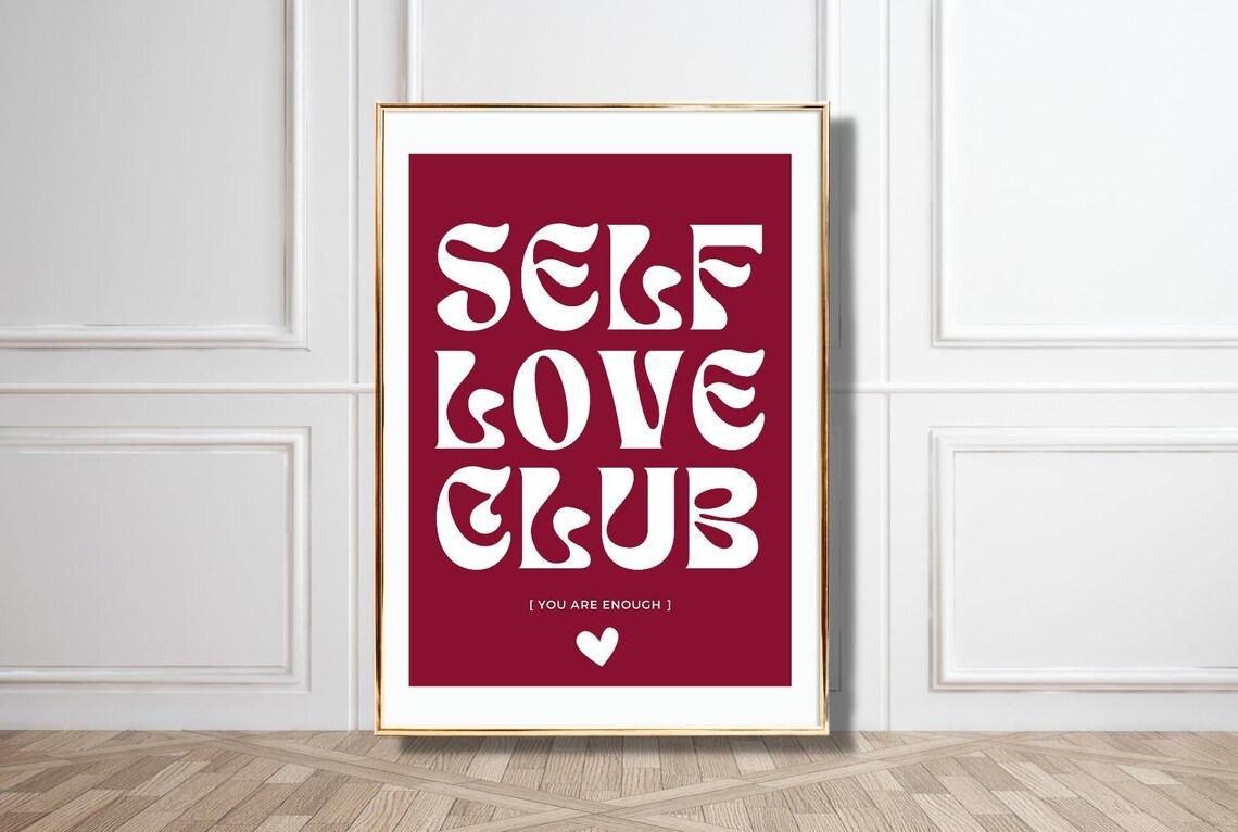 Self Love Club Burgundy White Retro Typography Affirmation Poster