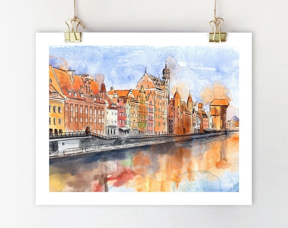 Gdansk Poland Motlawa River Waterfront Watercolor Architecture Poster