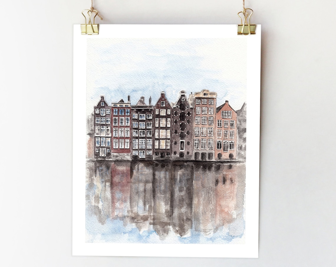 Amsterdam Watercolor Travel Poster, Europe City Sketch