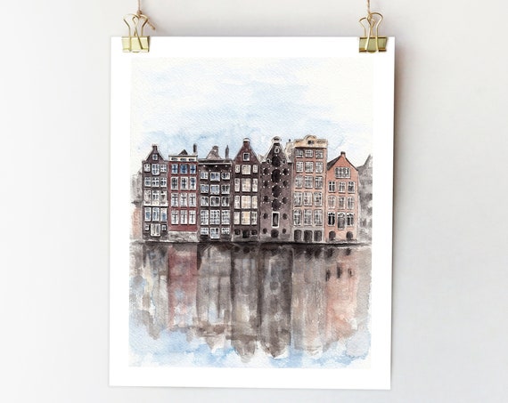 Amsterdam Watercolor Travel Poster, Europe City Sketch