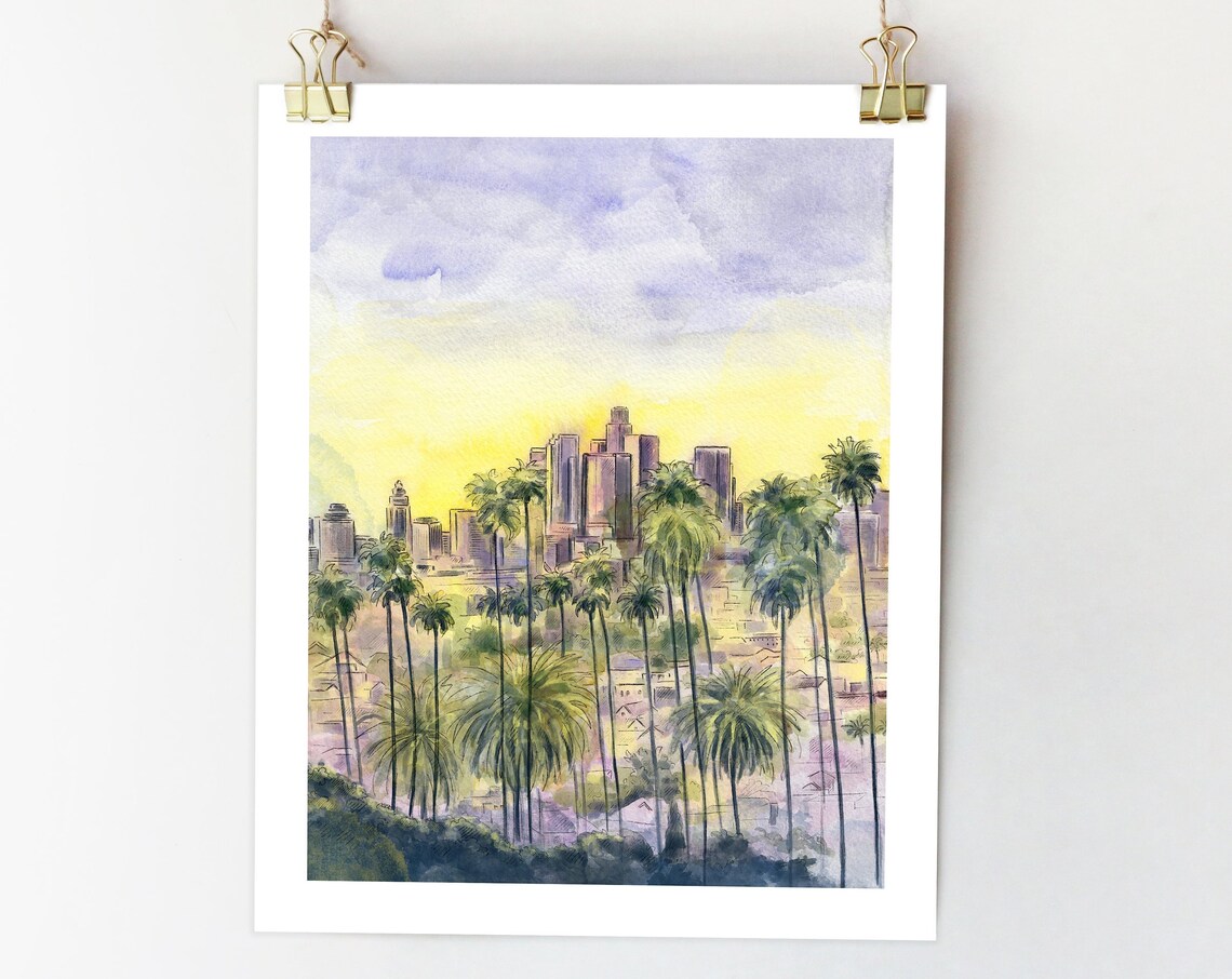Los Angeles Sunset Travel Poster, City Sketch