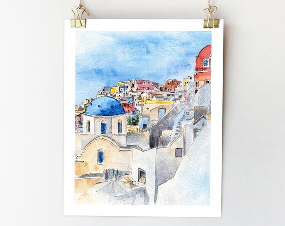 Santorini Watercolor Travel Poster, Greece Sketch