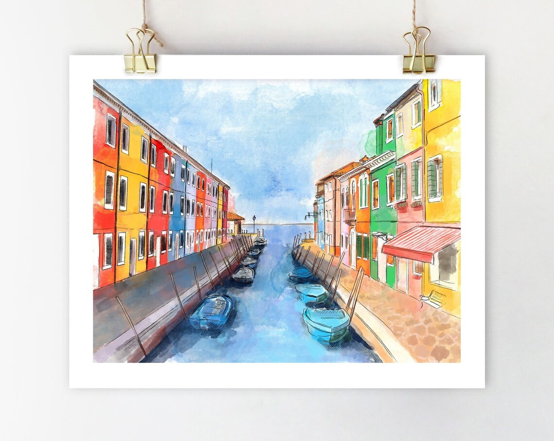 Burano Italy Watercolor Art Print, Colorful Houses