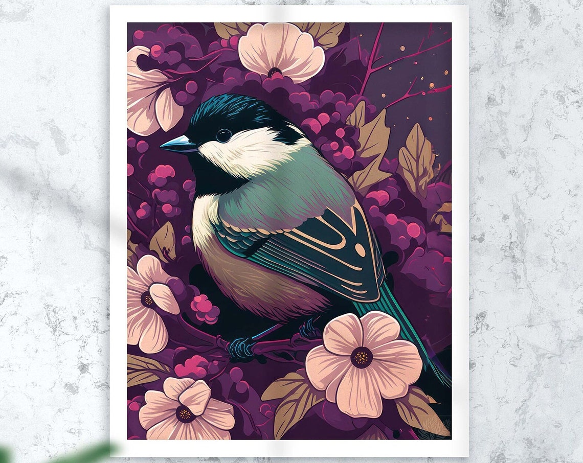 Black Capped Chickadee Poster Pink Blossoms Plum Floral Bird Art