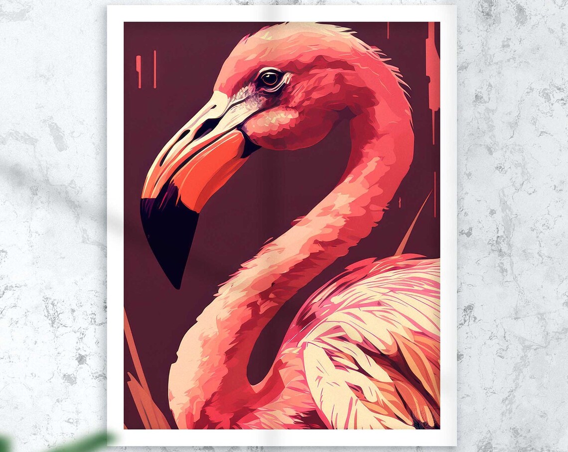 Pink Flamingo Portrait Poster Close Up Elegant Tropical Bird Decor