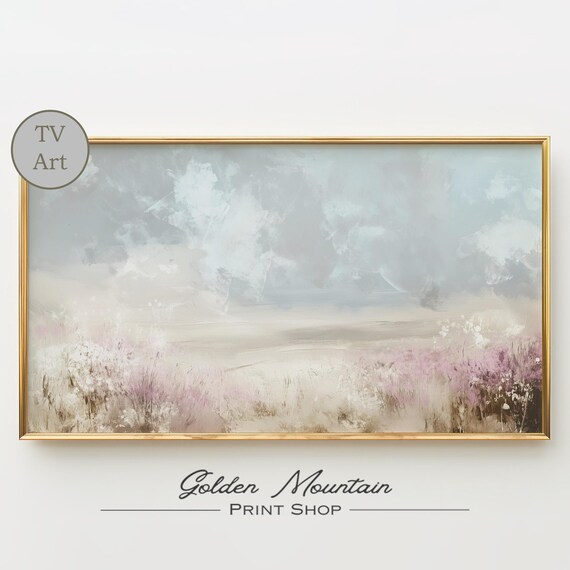 Abstract Pastel Field With Pink Blossoms Under Cloudy Sky Soft Art Poster