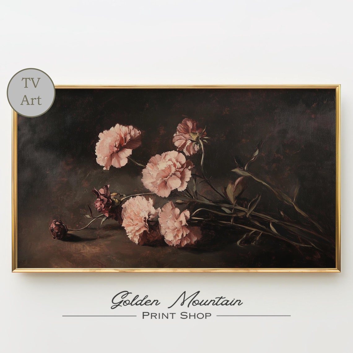 Moody Pink Carnations on Black Dark Floral Oil Painting Print