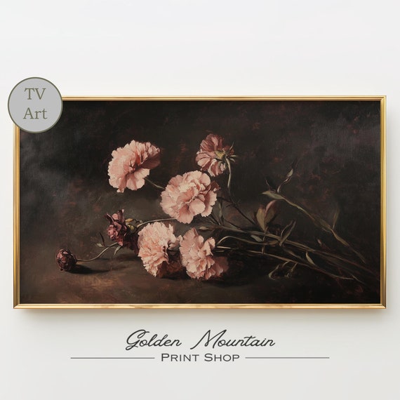Frame Tv Art Moody Pink Carnation Vintage Floral Tv Art Dark Botanical Art For Frame Tv Flowers Frame Tv Art Tv Art