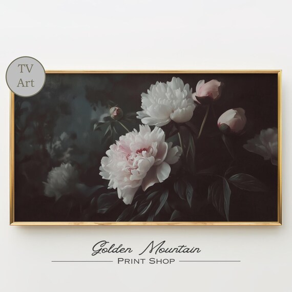 White Blush Peonies On Dark Background Moody Floral Still Life Oil Poster