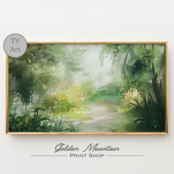 Misty Green Forest Path Spring Woodland Watercolor Landscape Print
