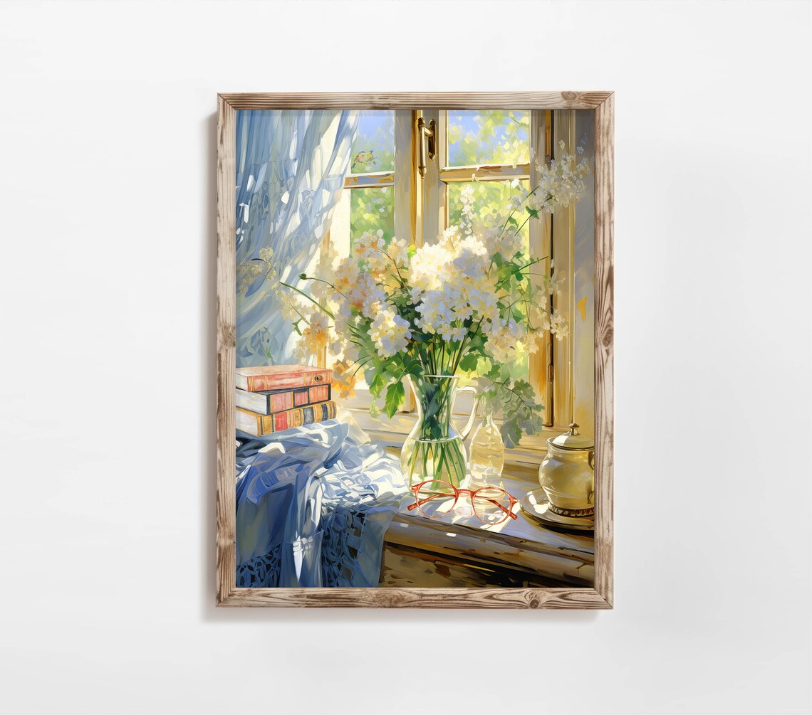 Sunlit Window with Lilacs Books and Teapot Still Life Wall Poster - Image 2