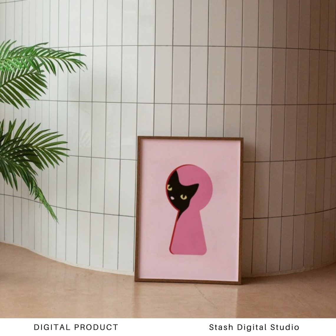Black Cat Peeking Through Pink Keyhole Cute Minimalist Cat Poster - Image 2