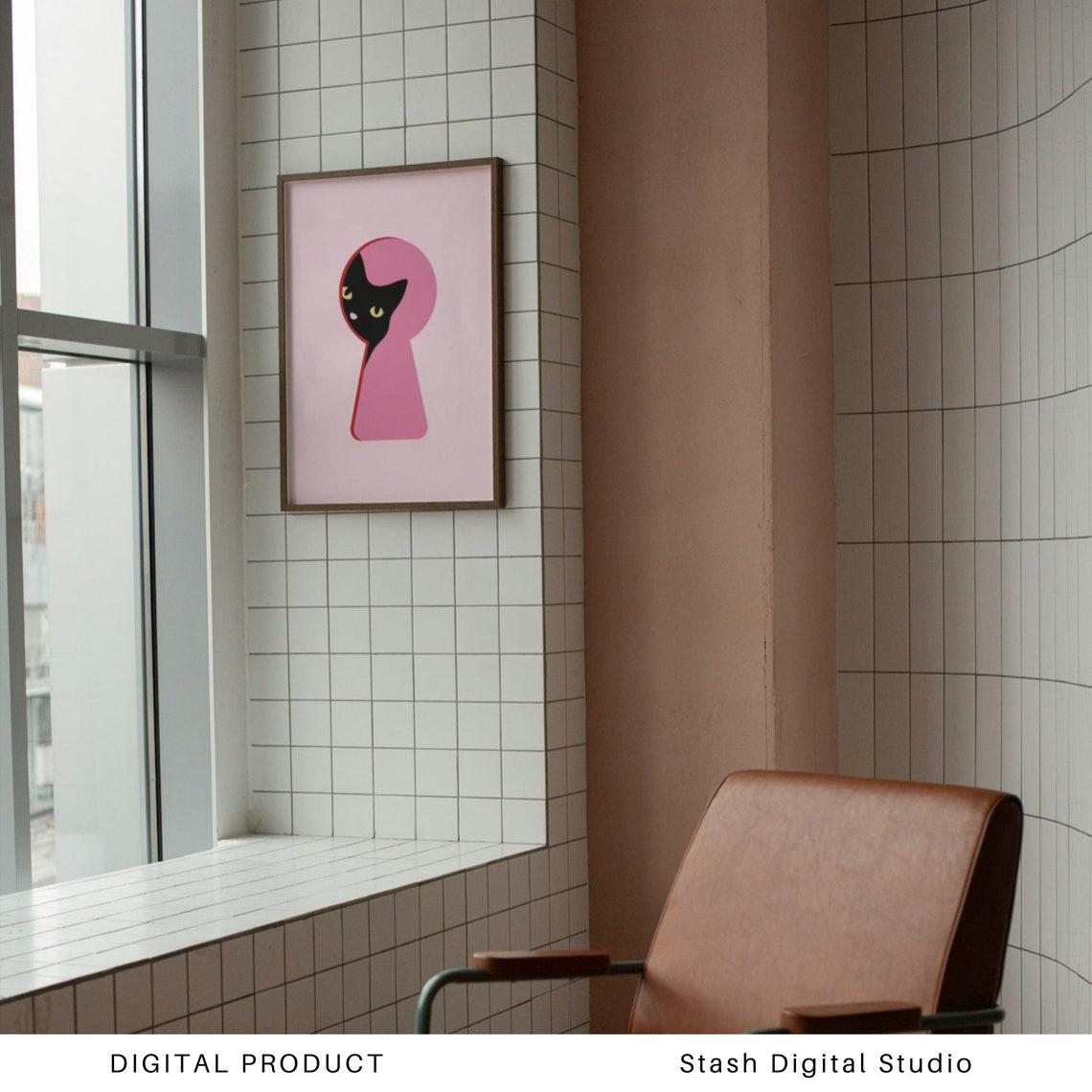 Black Cat Peeking Through Pink Keyhole Cute Minimalist Cat Poster - Image 3
