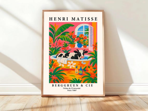 Pink Farm Decor Cow In Bathtub Art Print Rustic Bathroom Poster Matisse Animal