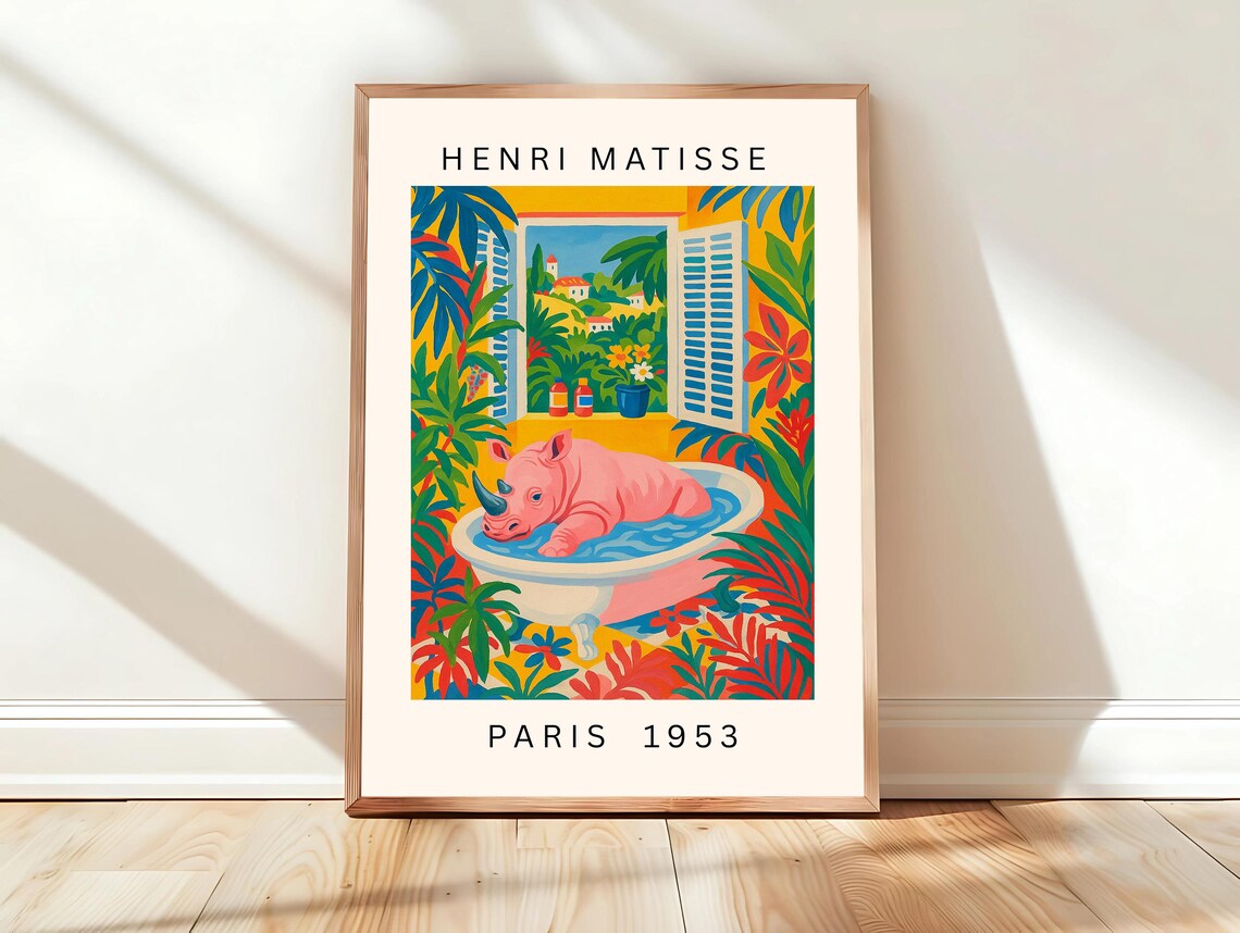 Rhino in Pink Bathtub Paris 1953 Matisse Style Animal Poster