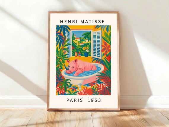 Rhino in Pink Bathtub Paris 1953 Matisse Style Animal Poster