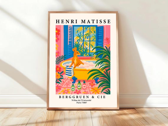 Kangaroo In Bathtub Art Print Dopamine Funny Matisse Poster Pink Tropical Bathroom Decor