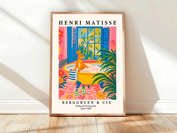 Kangaroo in Yellow Bathtub Tropical Matisse Style Animal Poster