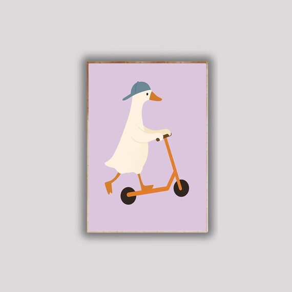 Silly Goose On Scooter Poster Funny Duck Art Quirky Bird Wall Print Whimsical Animal Decor For Pet And Lovers