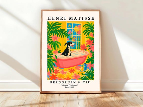 Greyhound In Bathtub Funny Bathroom Decor Henri Matisse Dog Art Print Dopamine Maximalist Wall Pink Poster