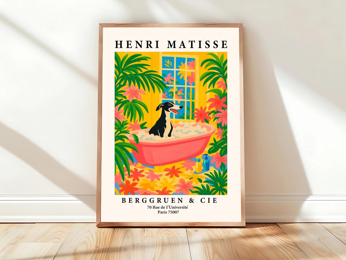 Black Greyhound in Pink Bubble Bathtub Matisse Style Animal Poster