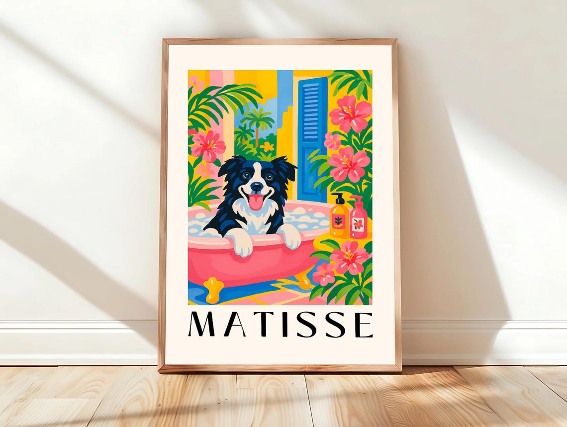 Border Collie Print Funny Bathroom Wall Art Poster Pink Matisse Boho