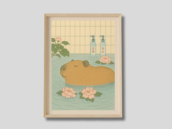 Capybara Print Spa Wall Art Japanese Bathroom Funny Bath Poster Japan Decor Animal Japandi
