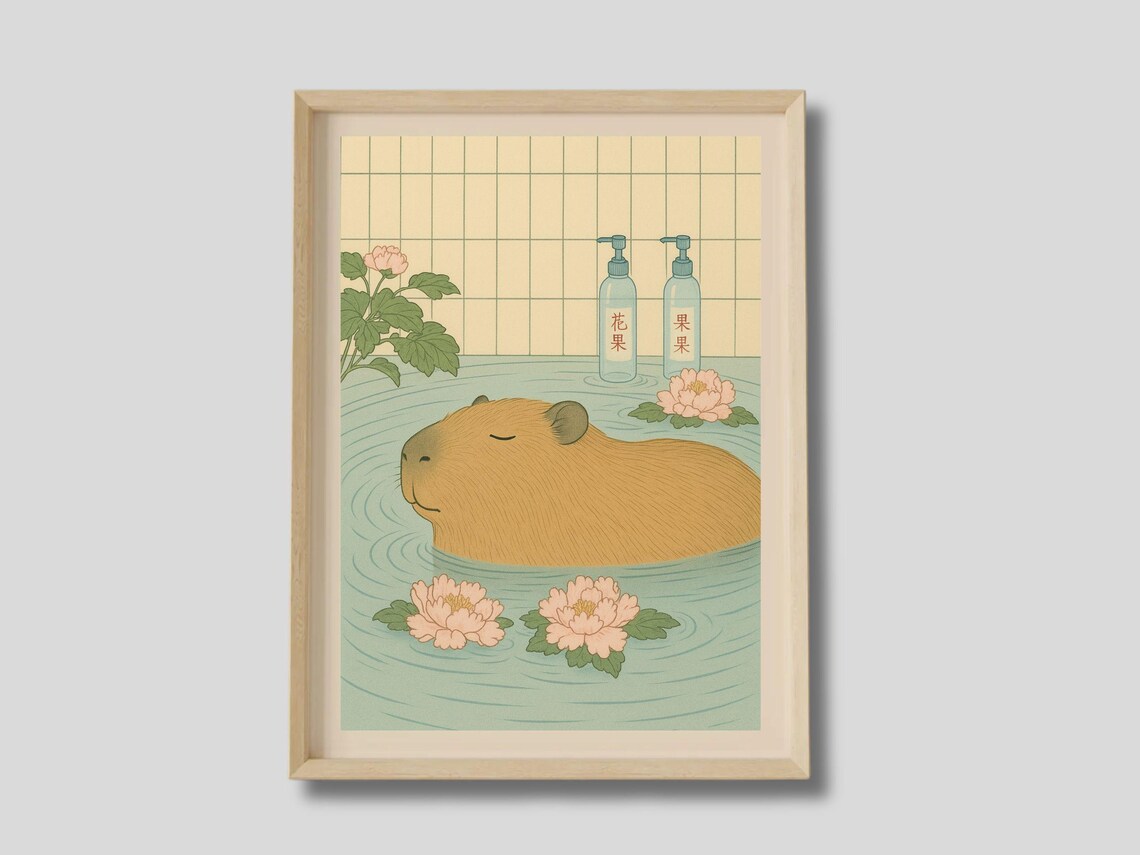 Capybara Print Spa Wall Art Japanese Bathroom Funny Bath Poster Japan Decor Animal Japandi