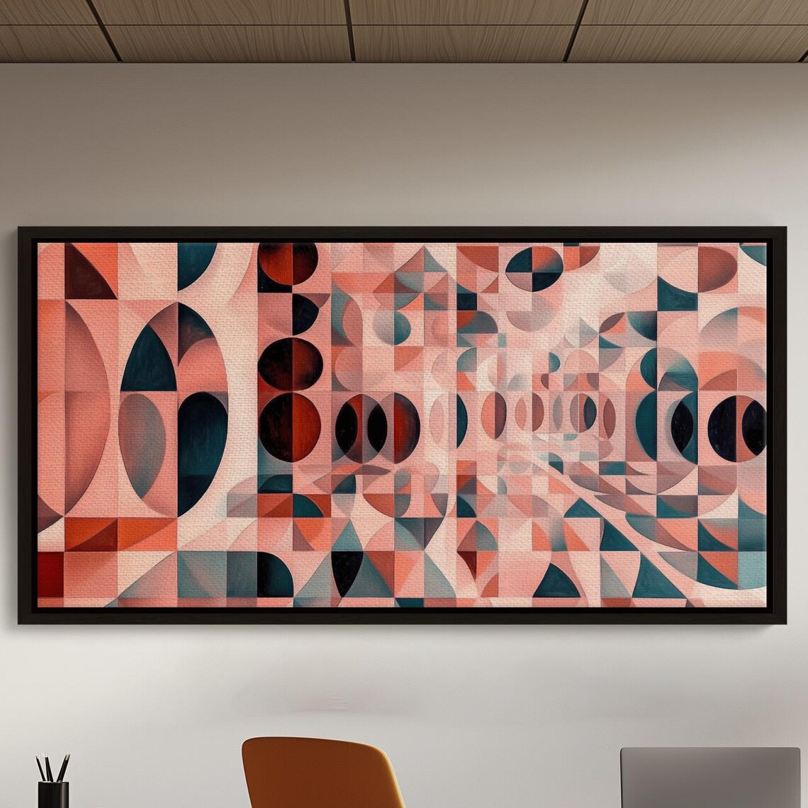 Geometric Shape Canvas Art Muted Red And Black Pastel Circles Triangles Harmonious Abstract Wall Decor For Modern Living Room