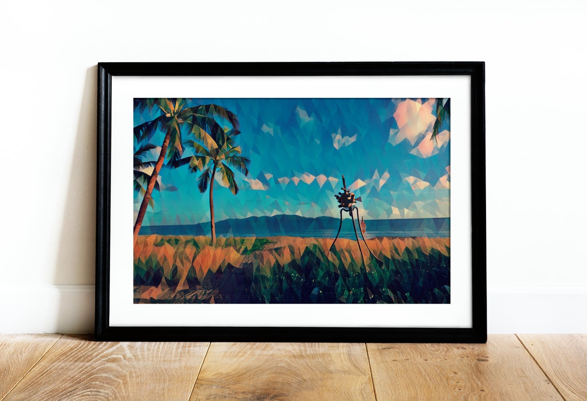 Low Poly Beach Scene with Tiny Robot Palm Trees Island Art Poster