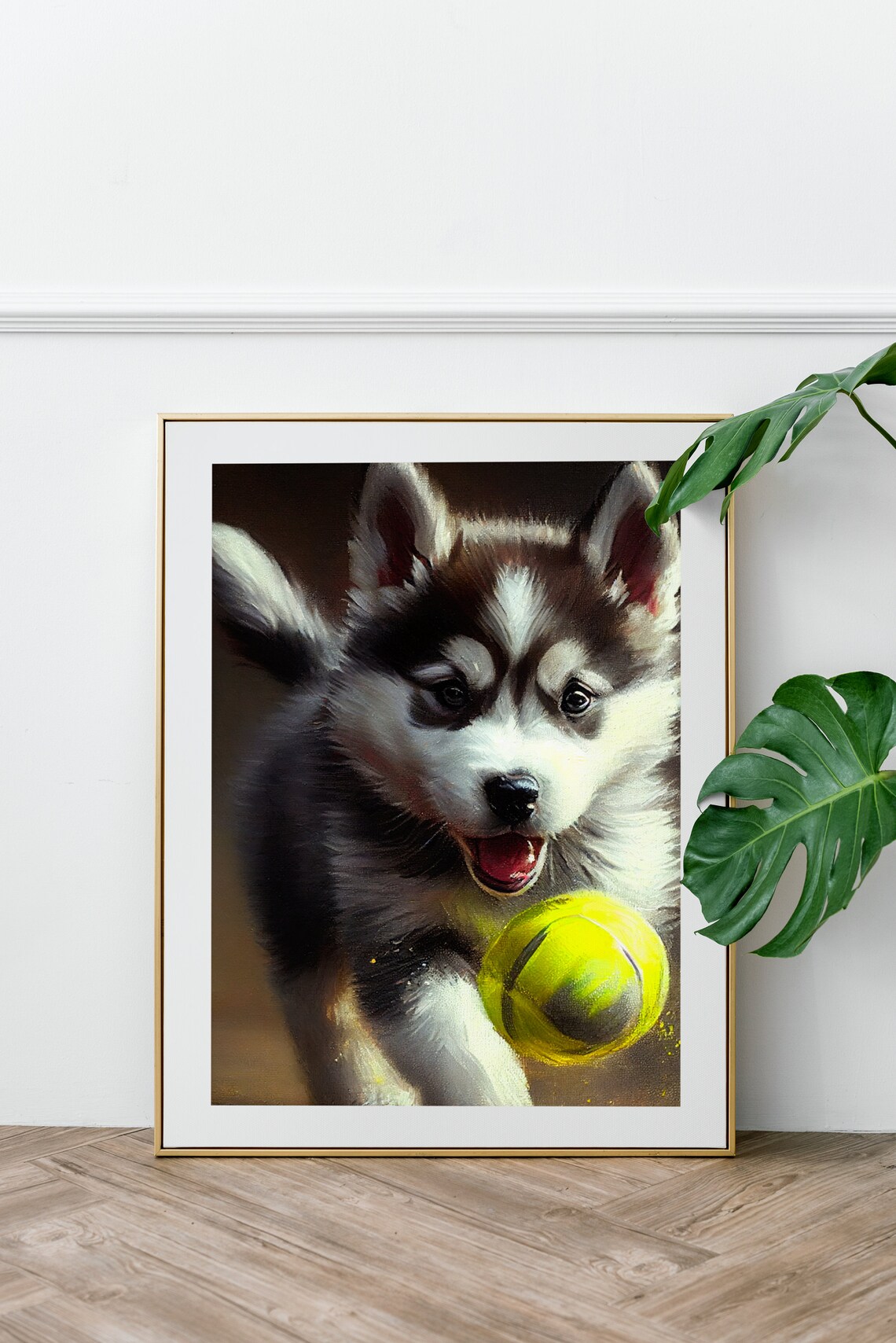 Husky Puppy Playing With Yellow Ball Cute Dog Art Painting Poster - Image 3